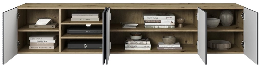 Asha falra szerelhető TV szekrény 200 cm, bordázott előlap - artisan / rivier stone matt