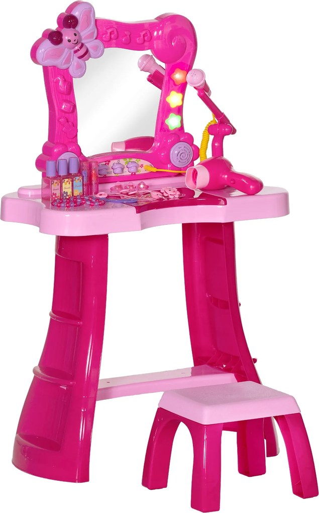 AIYAPLAY Gyermek Fodrász Szett 15 DB, Smink Asztal Székkel és Tükörrel, Fény, Zene, Mikrofon, Hajszárító, Tárolóhely, Lányoknak 3-6 Éves Korig, Rózsas
