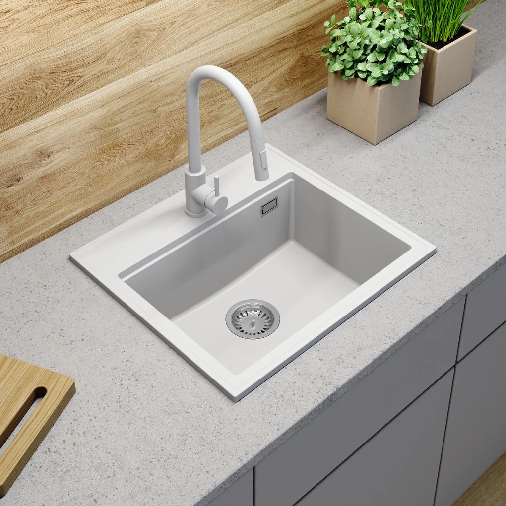 SINK Quality Mosogató Minőségi Ferrum Új 5055, 1 kamrás gránit mosogató 560x500x210 mm + króm szifon, fehér, SKQ-FER.5055.WH.X