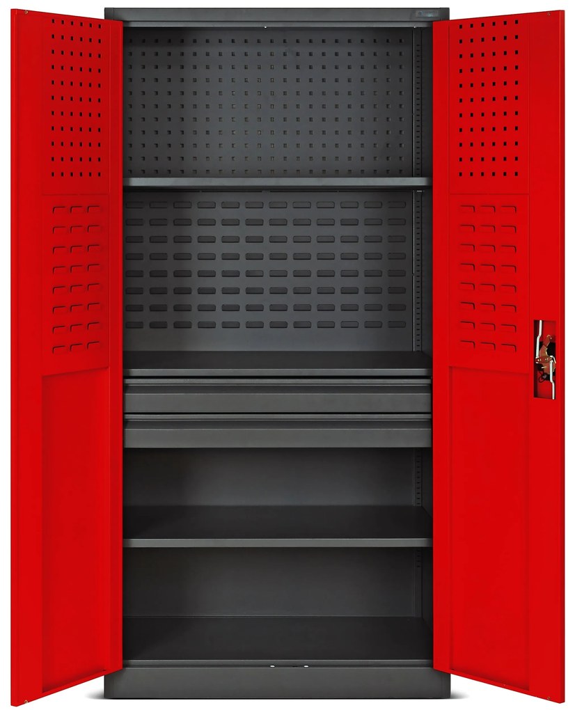 Fém műhelyszekrény fiókokkal SZYMON, 920 x 1850 x 500 mm, antracit-piros