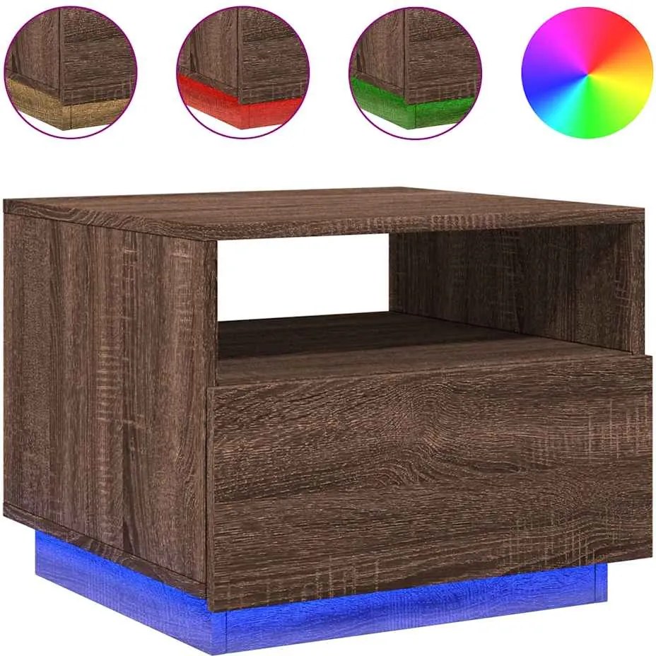 vidaXL barna tölgyszínű dohányzóasztal LED-lámpákkal 50x49x40 cm