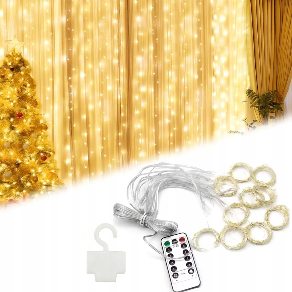 Fényfüggöny 300LED 3X3m fehér meleg ablak dekorációs lámpa