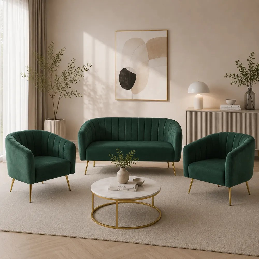 Design kétszemélyes kanapé, sötétzöld Velvet szövet/gold króm-arany, BAGY