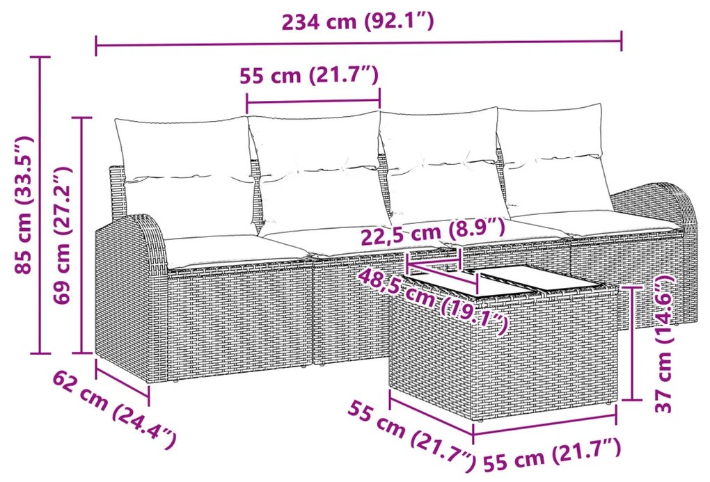 5 részes kertbútor szett párnákkal Bézs poli rattan