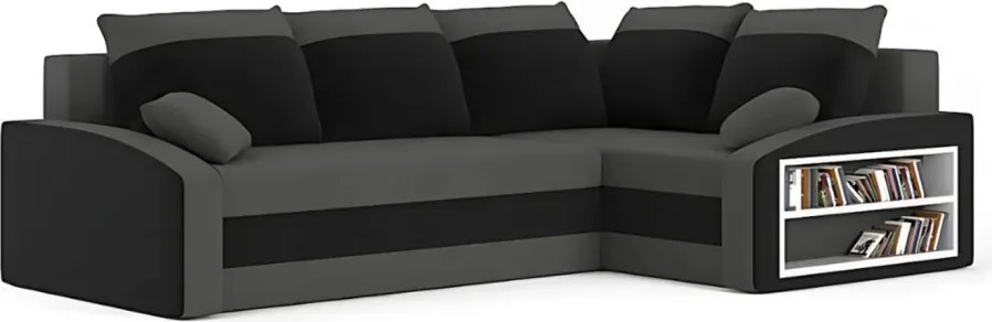 Grande sarokkanapé polcokkal , polc a jobb karfaban, jobboldali, szövet anyag, bonell töltet, szürke - fekete