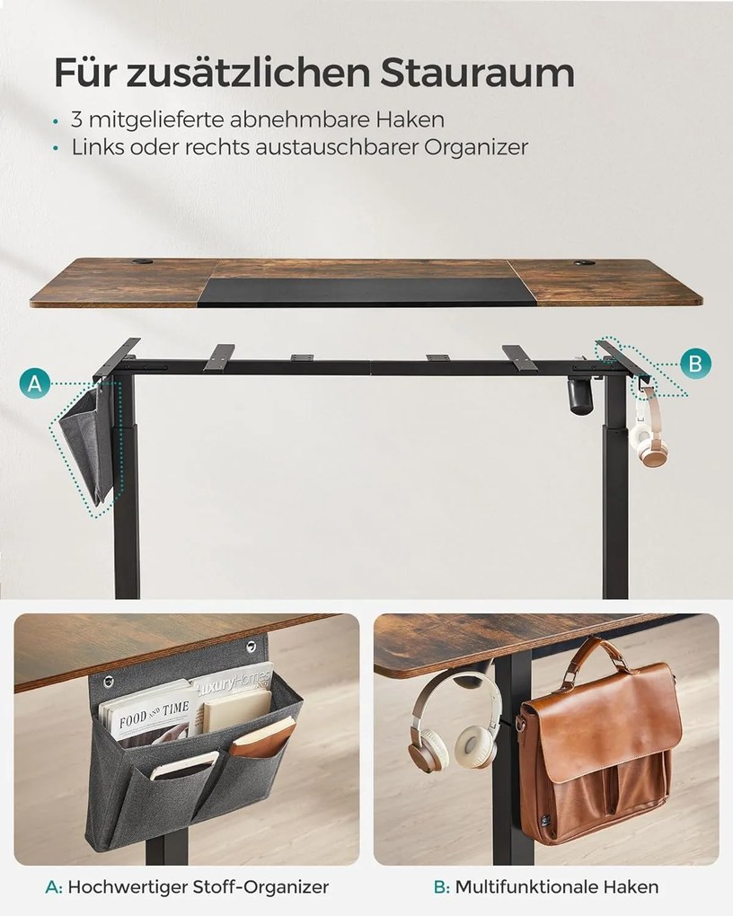 Állítható magasságú íróasztal, 70 x 160 x (72-120) cm, vintage barna-fekete