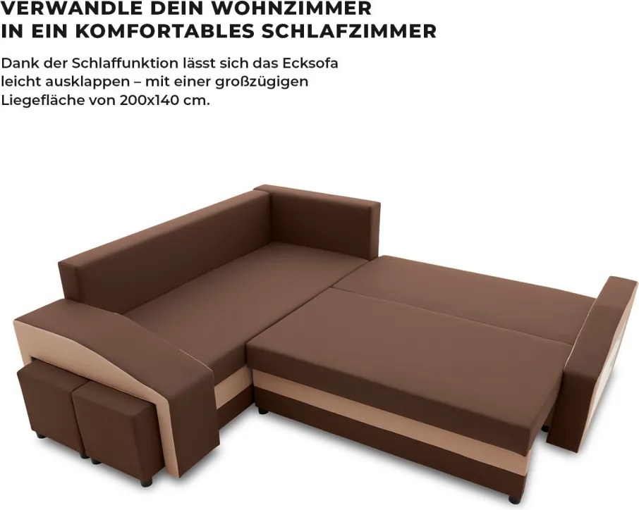 Grande sarokkanapé polcokkal és puffokkal , polc a jobb karfaban puffok a bal karfaban, baloldali, szövet anyag, hab töltet, barna
