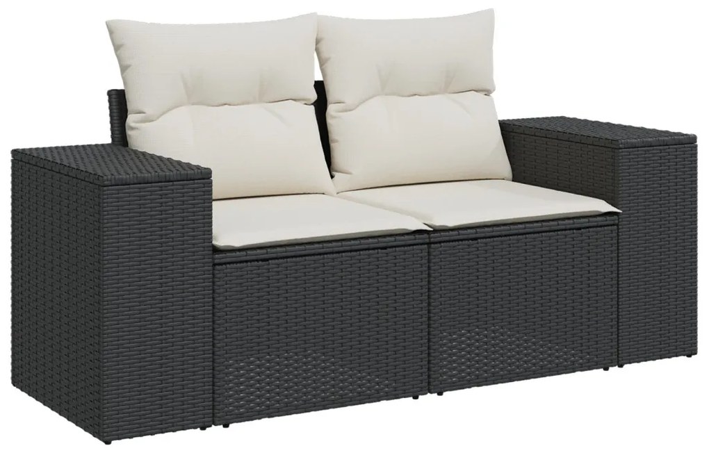 12 darabos kerti sofa készlet párnákkal fekete poly ratán akác, 3 darabos kerti étkező készlet párnákkal fekete poly ratán akác