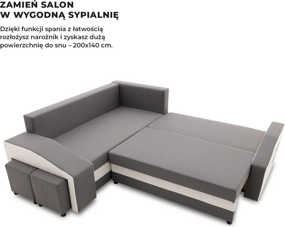 Grande sarokkanapé polcokkal és puffokkal , polc a jobb karfaban puffok a bal karfaban, baloldali, szövet anyag, hab töltet, szürke - fehér