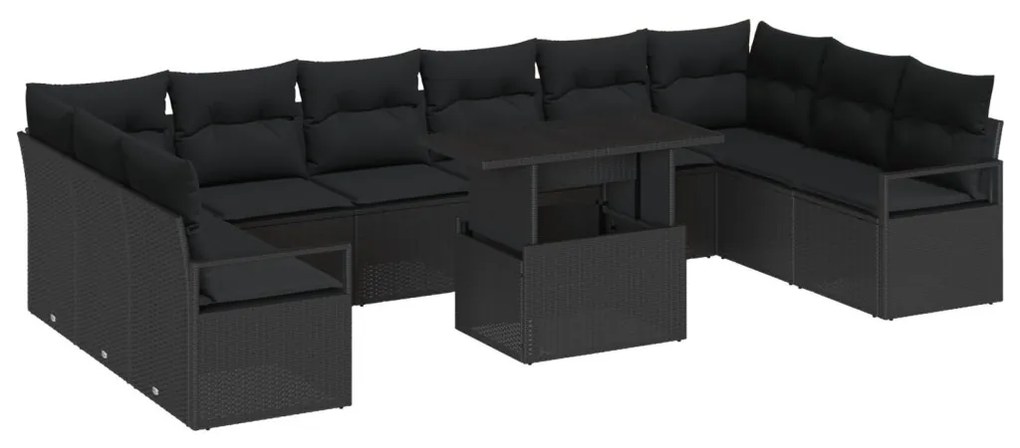 11 darabos kerti kanapé szett párnákkal, fekete poli rattan, 2-fős kerti kanapé párnákkal, fekete poli rattan
