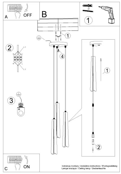 Sollux SL.1401 - Csillár zsinóron PRYSM 3xG9/8W/230V fekete