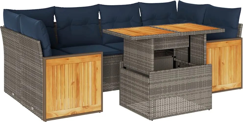 vidaXL 7 részes szürke polyrattan akácfa kerti ülőgarnitúra párnákkal