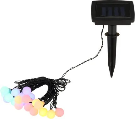 Globo 36803-20 Solar fényfüzér, matt fekete műanyag, tolókapcsoló, fokozatkapcsoló, AA 300mAh 1.2V elemmel, IP44, HxSz: 5800x18mm, LED-ek közötti távolság 200mm, tápkábel hossza 2000mm, tartozék: 20x színes LED 0.6W 1.2V