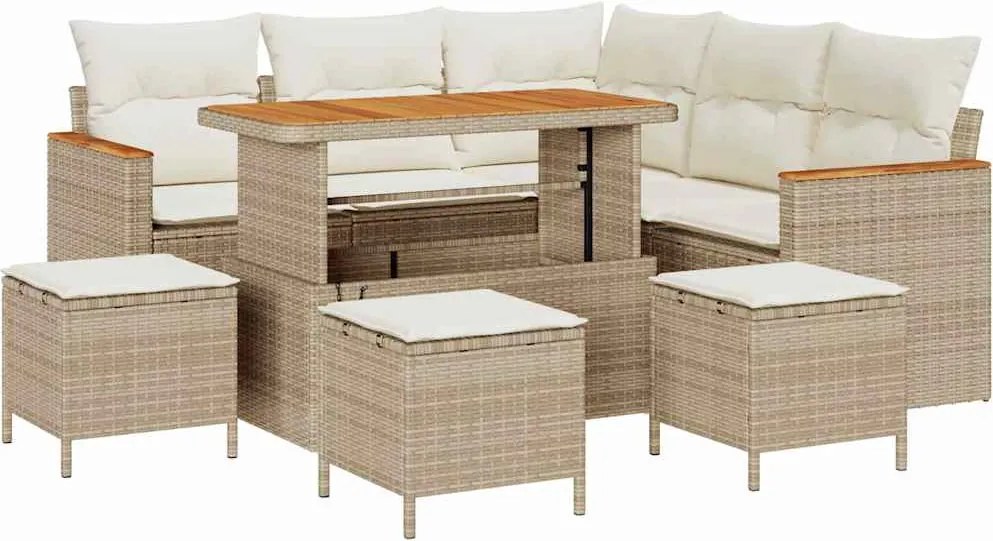 vidaXL Kerti Kanapé Szett 9 pcs Bézs polirattan