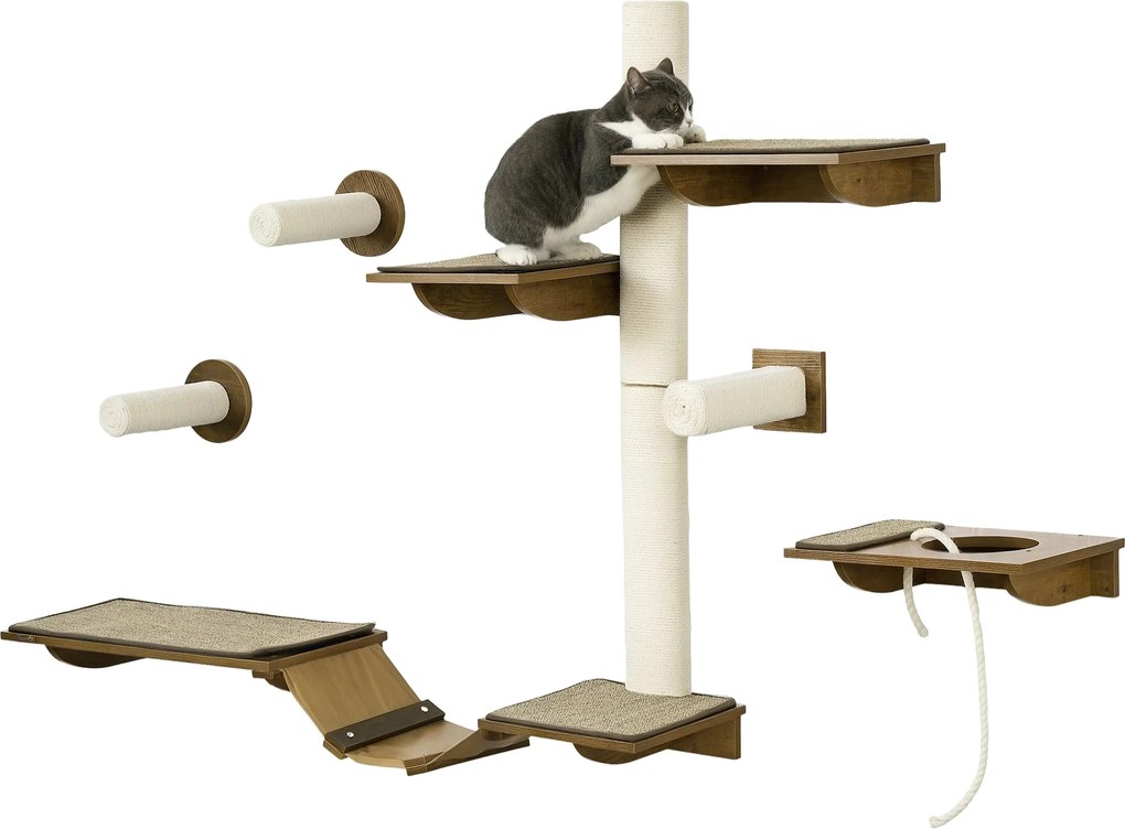 PawHut Macska Mászófal Szett, 8 Darabos Macska Bútor Kaparóoszlopokkal, Pihenőhelyekkel, Kaparótáblával, Macska Lépcsőkkel, Zsineggel, Barna | Aosom