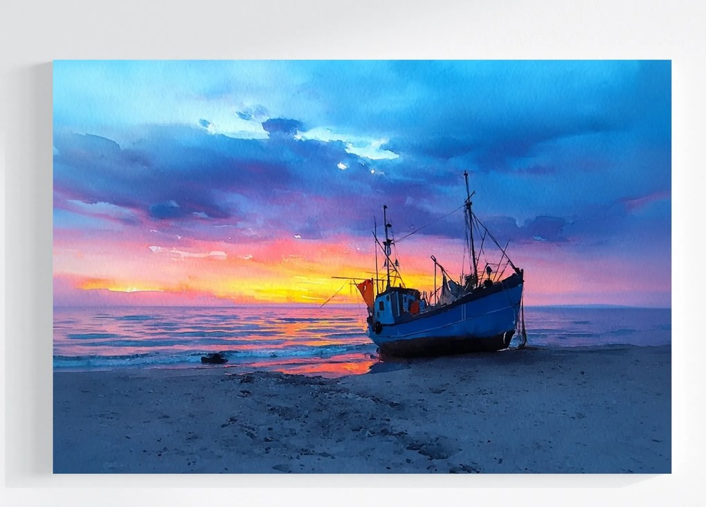 Vászonkép Canvas Tájkép Tenger Tengerpart Hajó Napnyugta 120x80