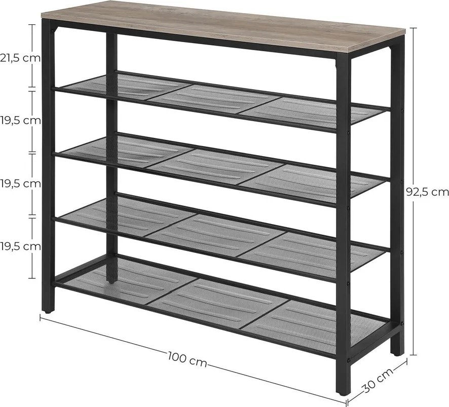 VASAGLE INDESTIC 5 szintes cipőtartó, 4 fémrácsos polccal, 100 × 30 × 92,5 cm, greige-fekete