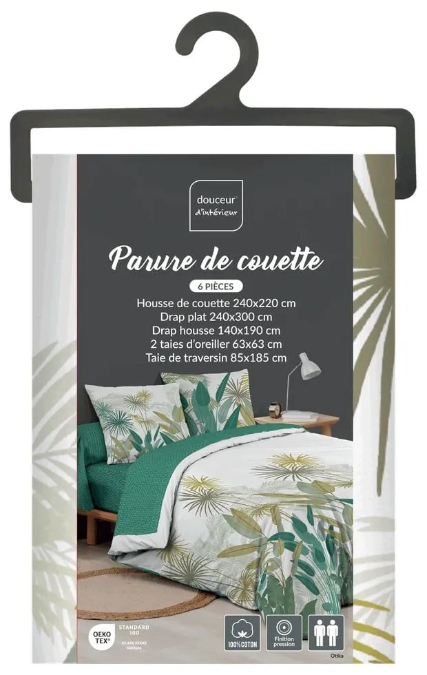 Fehér-zöld kétszemélyes-hosszabbított pamut ágyneműhuzat lepedővel-hatrészes 240x220 cm Otika – douceur d'intérieur