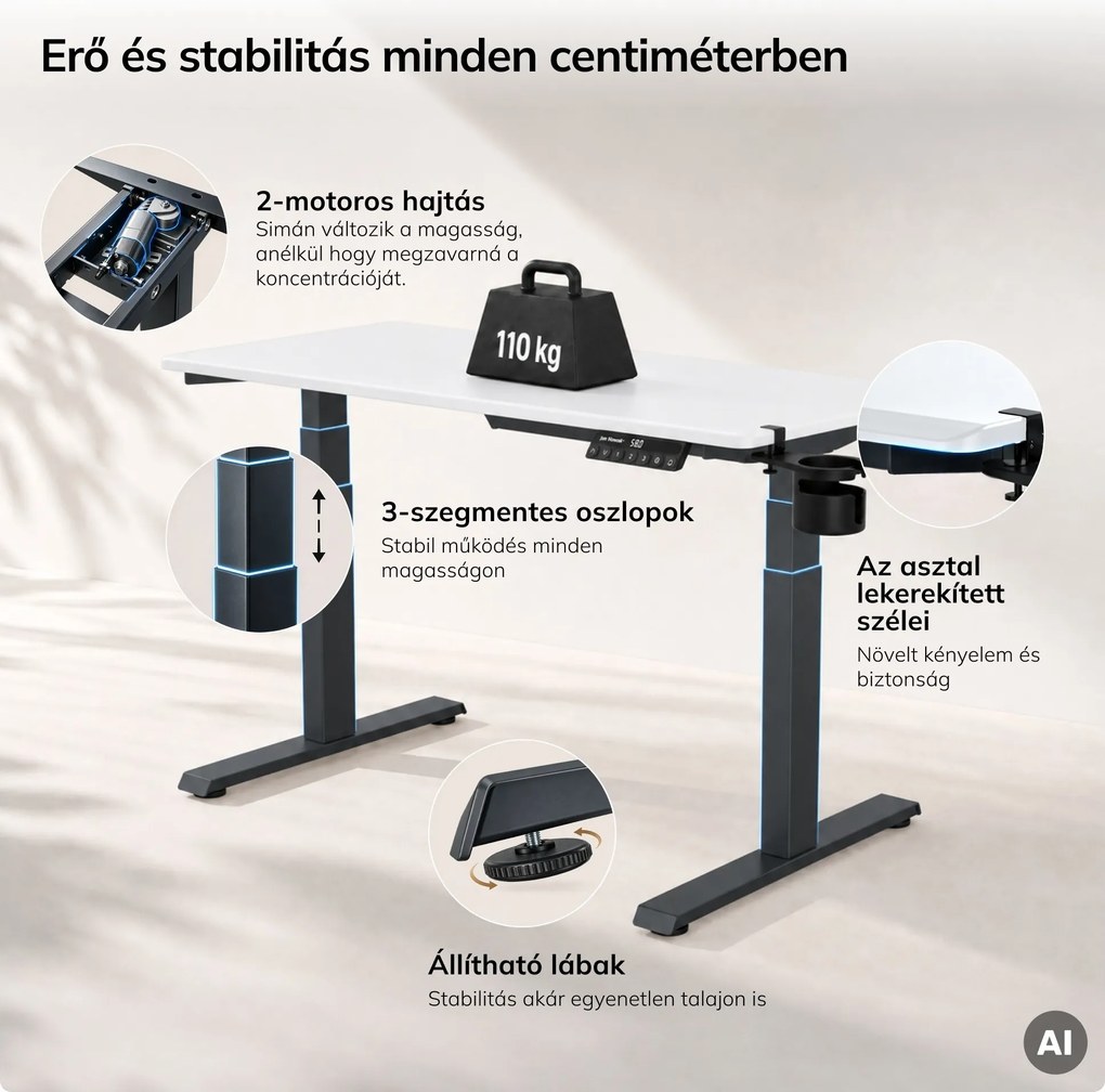 Elektromos íróasztal magasságállítással ergonomikus antracit-fehér, 1200x600 mm: ARIA