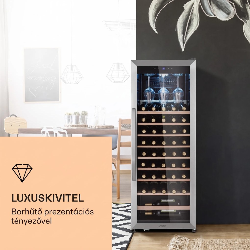 Klarstein Vinamour 46 Uno, borhűtő, 155 liter, 46 palack, 4-18 °C, 1 zóna,rozsdamentes acél