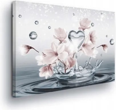 Vászonkép 100x75 Friss víz finom virágok dinamika cseppek szív természet