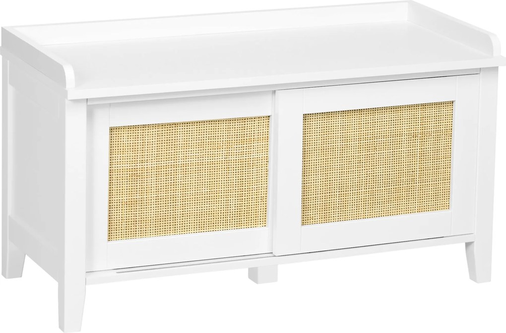 HOMCOM Cipőtartó Pad ülőhellyel, 2 Rattant Ajtó, Boho Stílus, Teherbírás 130 kg, Előszobába 80x35x45 cm, Fehér és Természetes | Aosom