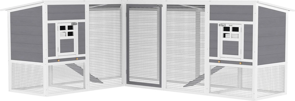 PawHut nagy kültéri fa tyúkól — L-alakú sarokól 2 fészekkel, kifutóval, kivehető tálcákkal, PET tetővel és rámpákkal, 251 x 192 x 103 cm | Aosom