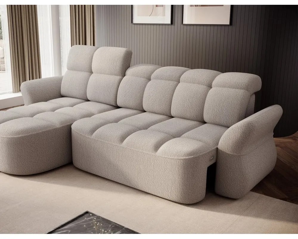 Bézs buklé kinyitható-tárolóhelyes sarokkanapé (bal oldali-heverő résszel) Beneth – ELTAP