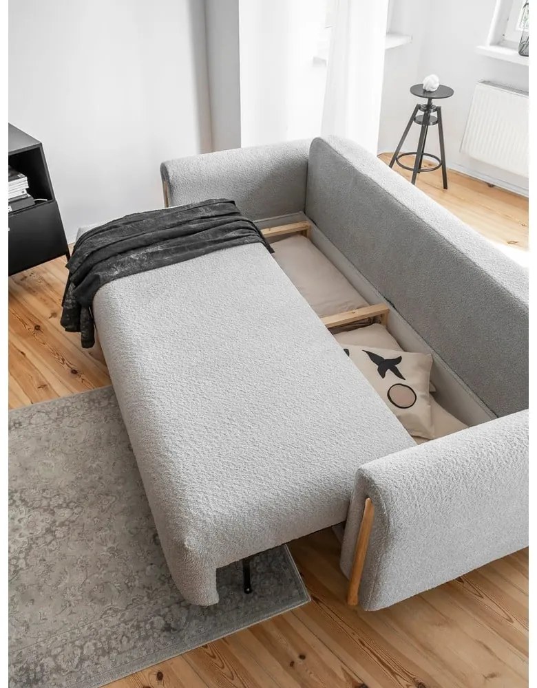 Világosszürke buklé kinyitható-tárolóhelyes kanapé 244 cm Arcadova – ELTAP