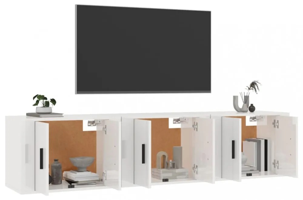3 db magasfényű fehér fali TV-szekrény 57 x 34,5 x 40 cm