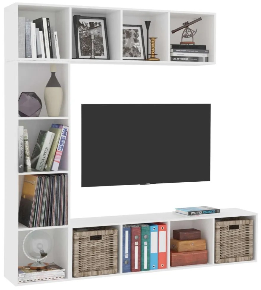 3-részes fehér könyv-/TV-szekrényszett 180 x 30 x 180 cm