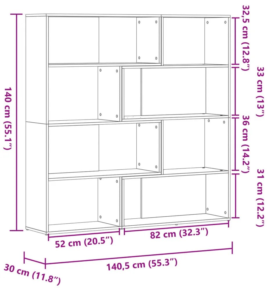 4 szintes füstös tölgy szerelt fa sarokkönyvespolc 85x85x140cm