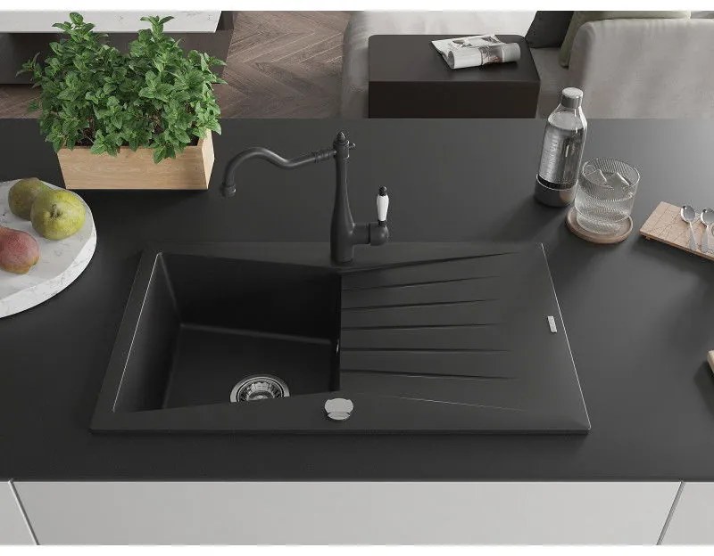Mexen Cesar, 1 kamrás gránit mosogató 775x470x190 mm és mosogató csaptelep Carla, fekete, 6514-77-670700-70