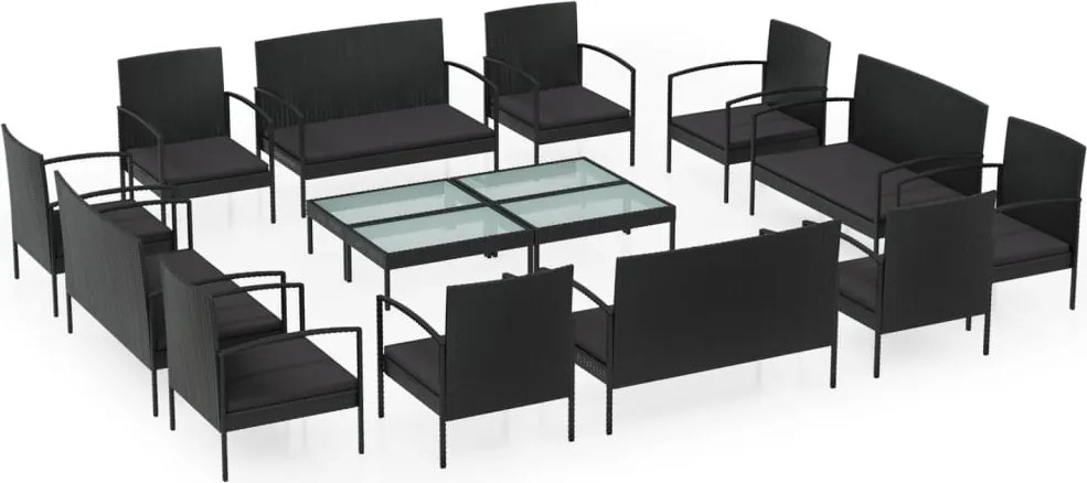 vidaXL 16 részes fekete polyrattan kerti ülőgarnitúra párnákkal