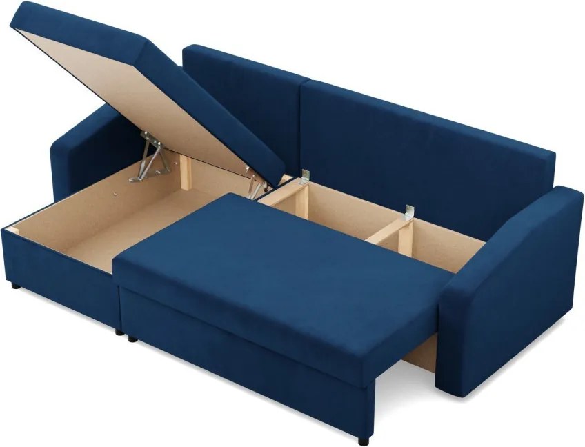 Zeus sarokkanapé, 2 ágyneműtartóval, döntött kartámasz, bársony, univerzális oldal, hab töltet, kék