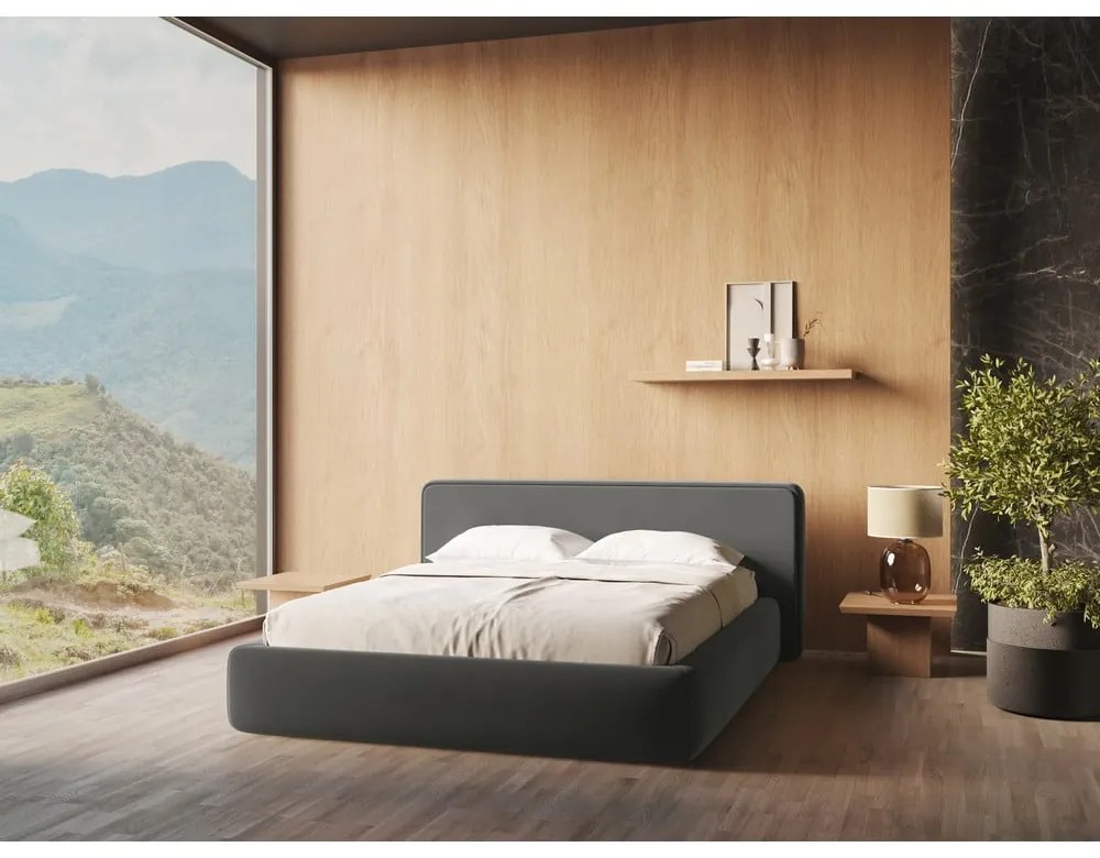 Sötétszürke kárpitozott ágyneműtartós franciaágy ágyráccsal 160x200 cm Kiana – Makamii