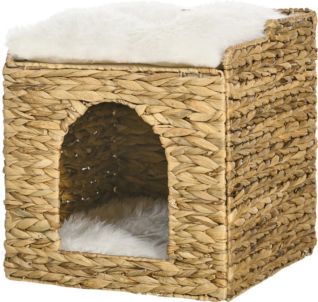 PawHut Rattan Macska Háza, Macska Barlang Párnával, Macska Kuckó 2 Szinttel, Macska Ágy, Macska Kosár 5 kg-ig, Vízihíd Függönyből, 37,5 x 37,5 x 41,5