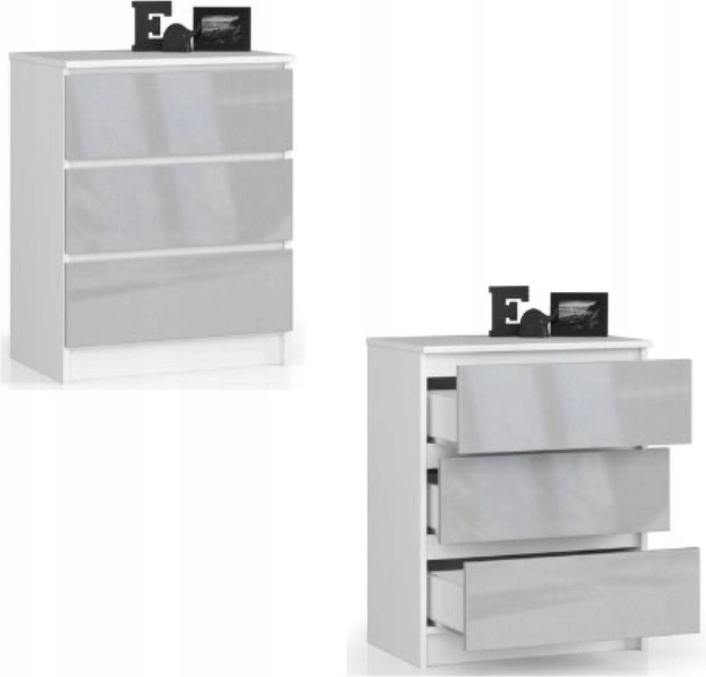 Komód szekrény K60 3 fiókos fehér metál fényes Akd