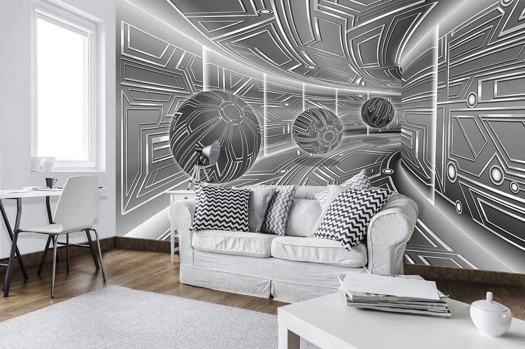 Fotótapéta - 3D szürke alagút gömbökkel (152,5x104 cm)