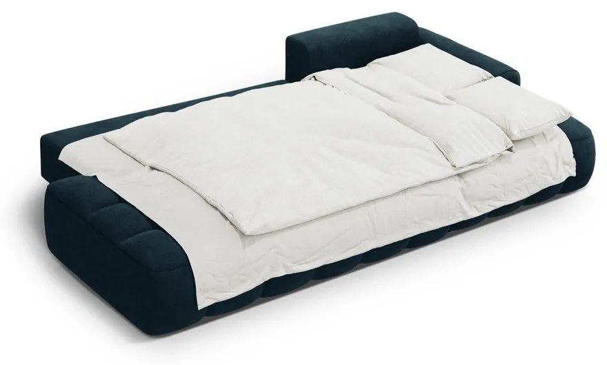 Petróleum színű bársony kinyitható-tárolóhelyes sarokkanapé (jobb oldali-heverő résszel) Linz – Cosmopolitan Design