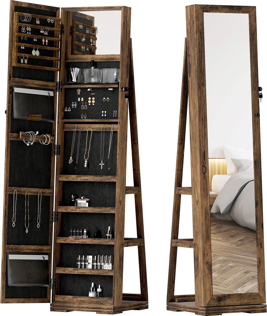 HOMCOM Zárható Forgatható Ékszeres Szekrény Tükörrel - Több Szekrényező Ékszeres Szekrény - Rusztikus Barna Fa | Aosom