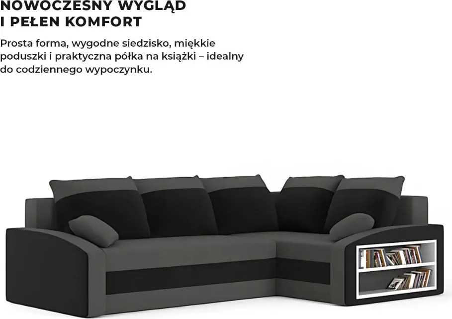 Grande sarokkanapé polcokkal , polc a jobb karfaban, jobboldali, szövet anyag, hab töltet, szürke - fekete