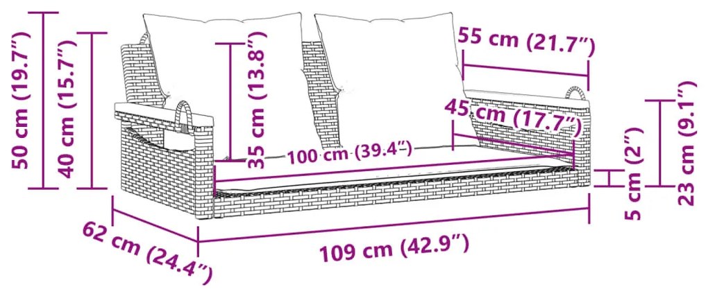 szürke polyrattan hintapad párnákkal 109 x 62 x 40 cm