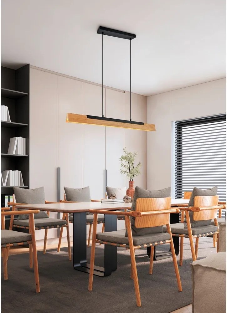 Matt fekete LED függőlámpa fa búrával Kerala – Trio