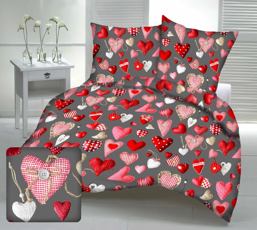 Pamut lepedők Deluxe 3D Love szürke TiaHome - 1x Párna 90x70cm, 1x Paplan 140x200cm