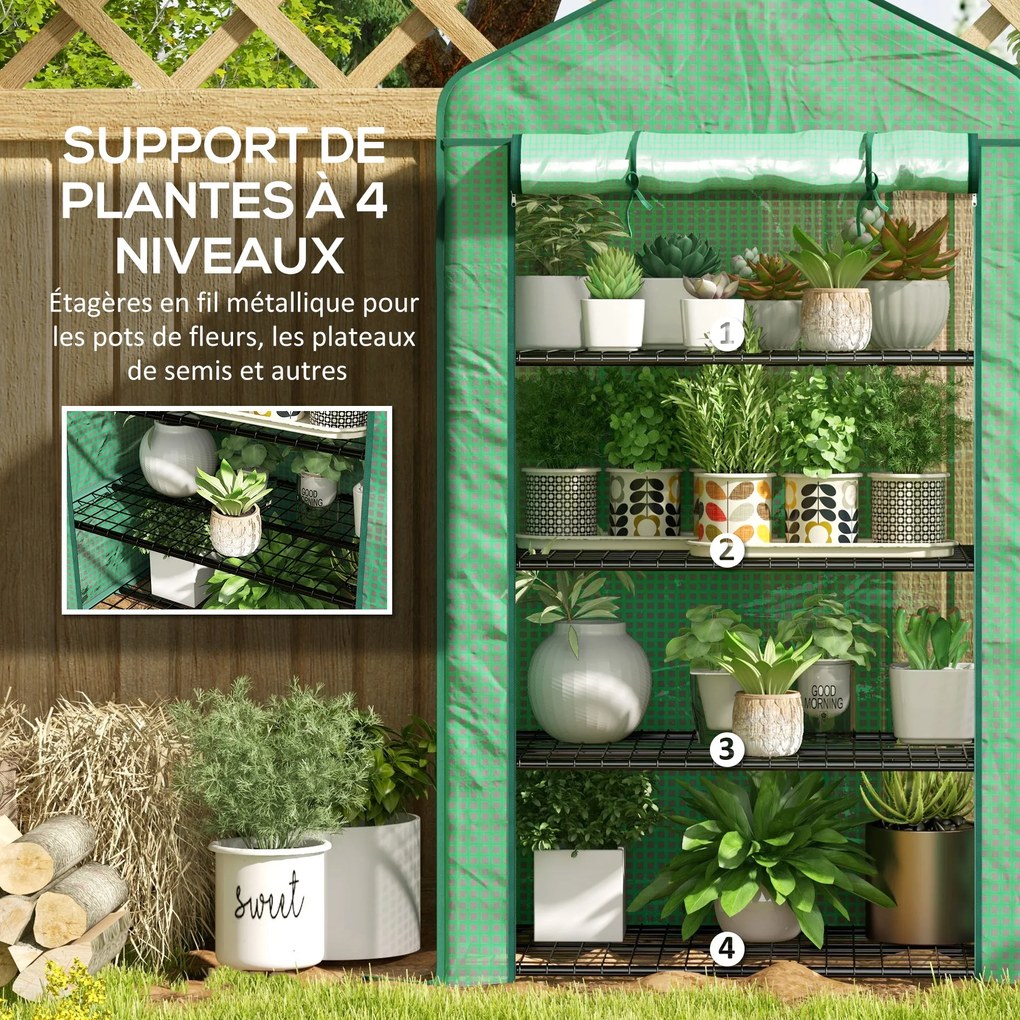 Outsunny PE Kerti Üvegház 4-Szintes Polcokkal, Erkély Üvegház, Megerősített 135 g/m² Ponyva, Acél Váz, Felhúzható Cipzáras Ajtó, Zöldségek, Növények é