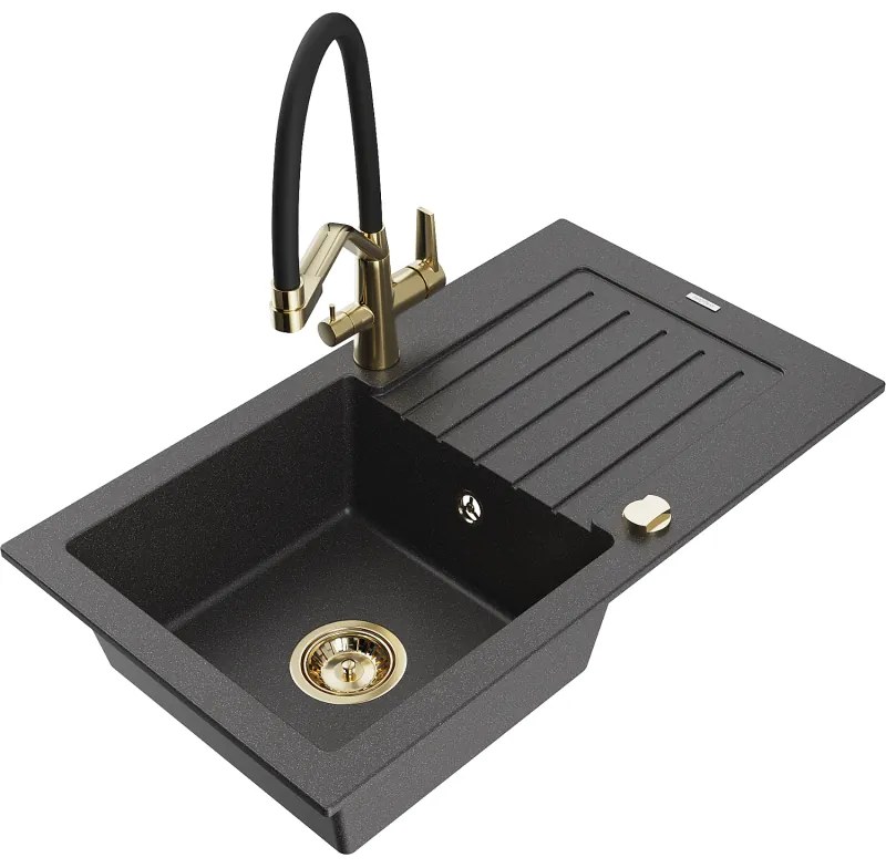 Mexen Pablo gránit mosogató 1-medencés csepptálcával és Duo konyhai csappal, fekete pöttyös - 6510-76-671701-57-G