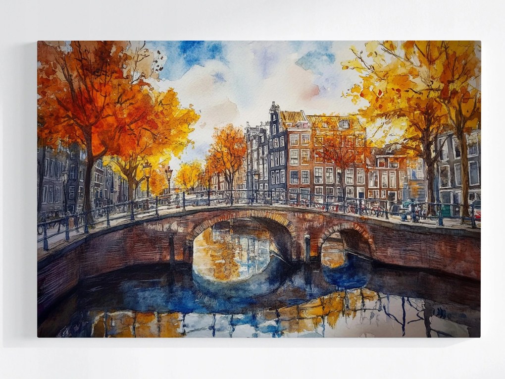 Őszi Poszter Amszterdam Híd Az Akvarell Csatorna Felett 120x80