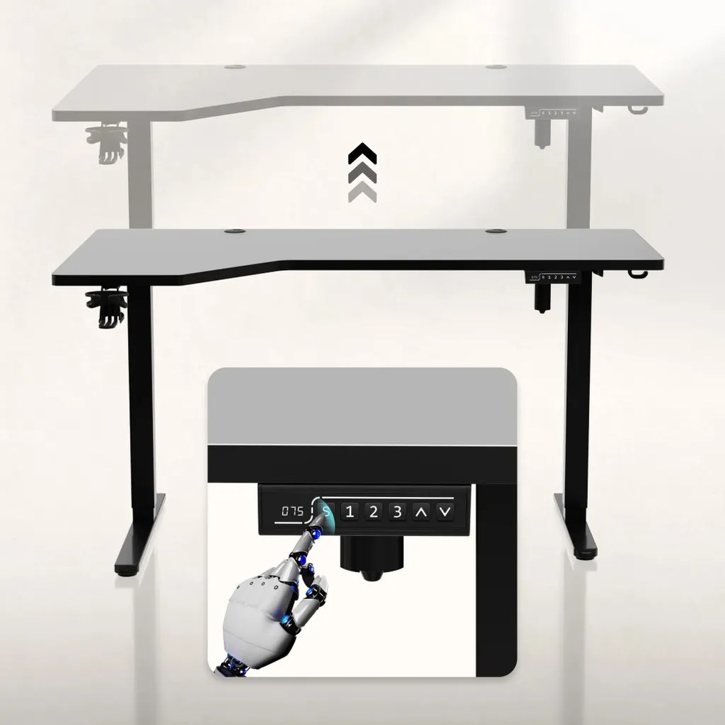 Elektromos állítható magasságú íróasztal, sarokasztal, memória és USB funkcióval, 145 cm x 60 cm, fekete