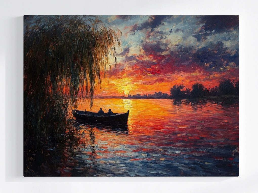 Vászonkép Canvas Tájkép Tó Csónak Halász Naplemente 100x75
